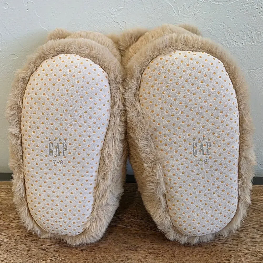 babyGap Bear Slippers Kids Size 7 8 Tan Plush Cozy Animal Toddler House Shoes